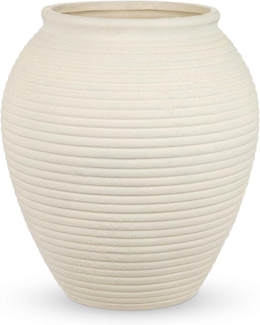 11" Rustic Ceramic Vase for Home Décor, Farmhouse Ribbed Pottery Vase for Pampas Grass & Dried Flowers, Decorative White Flower Vase for Living Room Table Shelf Mantel Centerpiece, Matte Ivory