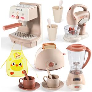 Kids Assorted Kitchen Appliance Play Toys Includes Coffee Maker , Blender, Fruit Machine and Toaster , Apron and Cups, with Realistic Lights& Sounds, Learning Gift for Toddlers Baby Girls Boys