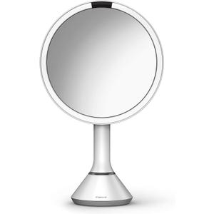 simplehuman 8" Round Sensor Makeup Mirror with Touch-Control Brightness, 5X Magnification, Rechargeable and Cordless, White Stainless Steel