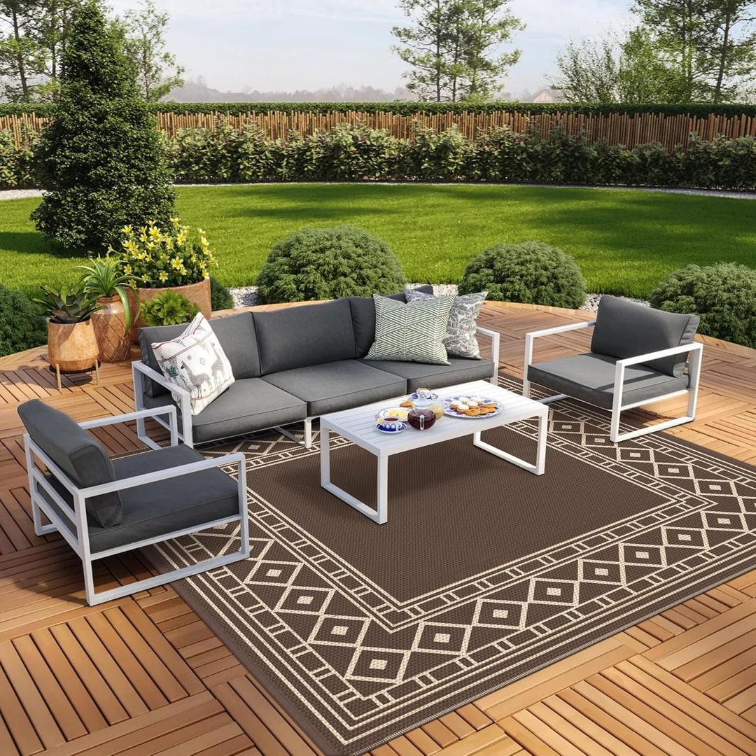 GENIMO Outdoor Rug Waterproof for Patio Decor, 10'x10' Foldable Reversible Plastic Straw Carpet, Outside Area Mat for Rv, Deck, Picnic, Porch, Camper, Balcony, Beach, Coffee & Beige