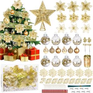76PCS Christmas Tree Decorations Set, Gold Christmas Ornaments Decoration Artificial Poinsettia Flowers with Star Tree Topper Berries Stems Mesh Ribbons Snowflakes for Holiday Xmas Tree Decor