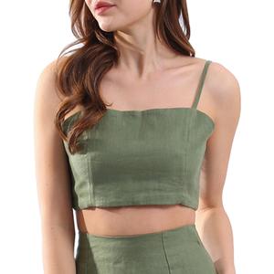 Amazhiyu Womens Pure Linen Spaghetti Strap Crop Camisole Summer Strappy Tops, Green