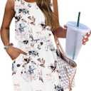 AUSELILY Women Summer Dress 2025 Casual Sleeveless Sundress Crew Neck Beach Short Dresses with Pockets (L)