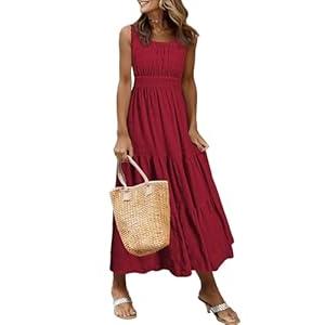 AlvaQ Women Summer Dresses Sleeveless Smocked Midi Dress High Waist Casual Tiered A Line Sundress with Pockets (Small, Red)