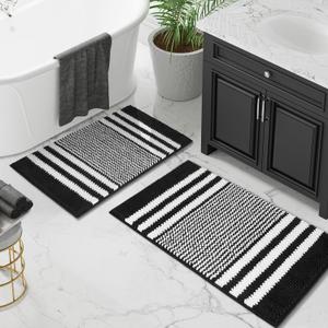 Tindbea Bathroom Rugs Set 2 Piece, Extra Soft and Absorbent Fluffy Striped Chenille Bath Mat Rug Set, Non Slip Bathroom Floor Mat, Machine Washable (20" x 32" Plus 16" x 24", Black)