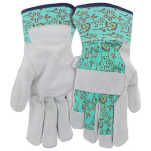 MUD Classic Split Leather Cowhide Palm & Knuckle Strap Work Gloves, Teal Floral Pattern, Cotton Backing, Tear Resistant, Safety Cuff, Blue, Small/Medium (MD71002TF-WSM)