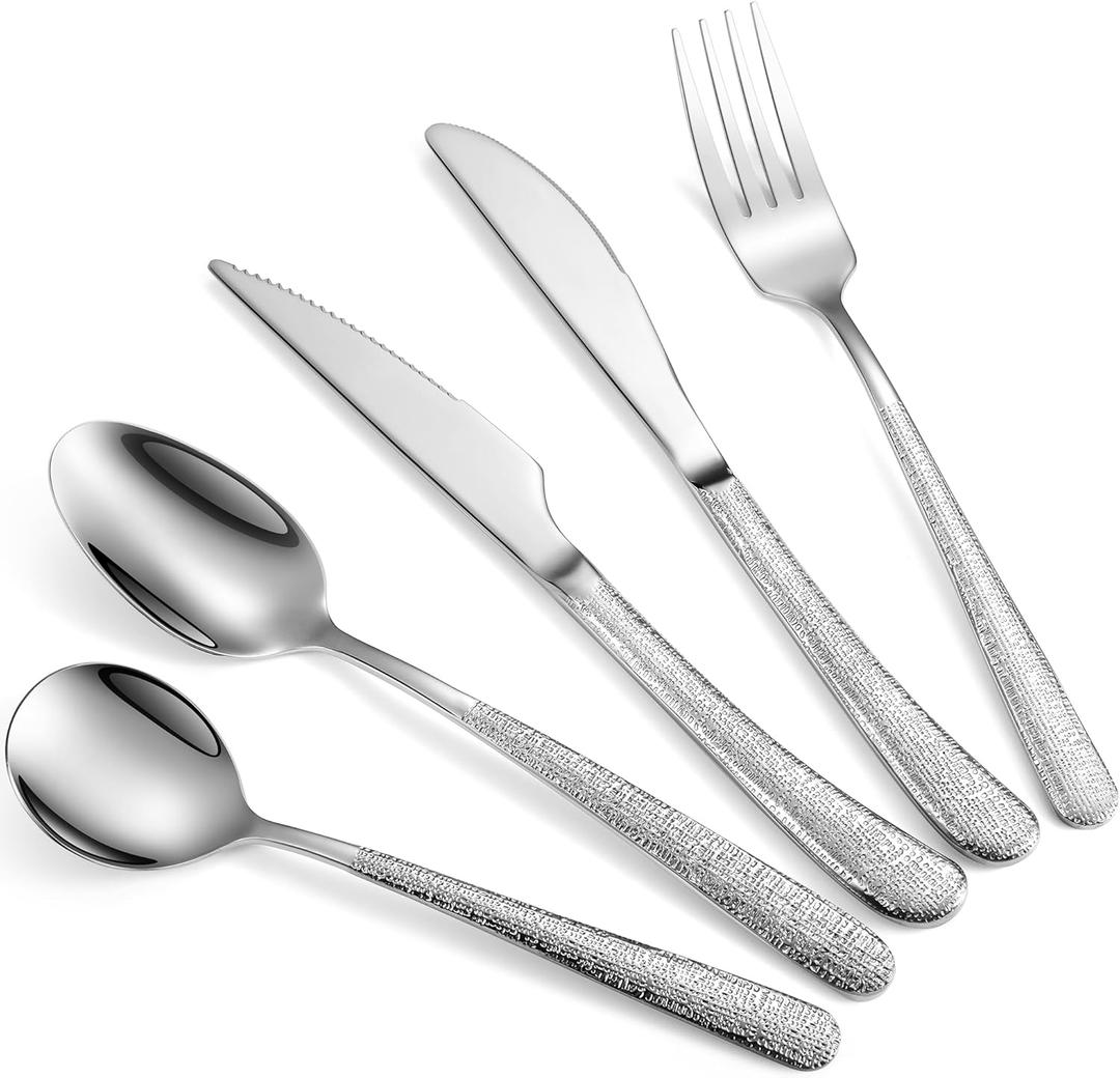 Silver Flatware Set, 18/10 Stainless Steel 20 Piece/Household Stainless Steel Set/Upgraded Knife, Spoon, Fork Mirror Polished, Dishwasher Safe (20 Pieces - Hammered)