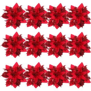NUOBESTY Christmas Glitter Poinsettia Flowers Artificial Flowers for Christmas Tree Decorations Red Wreath Florals with Stems and Clips 12 Pack