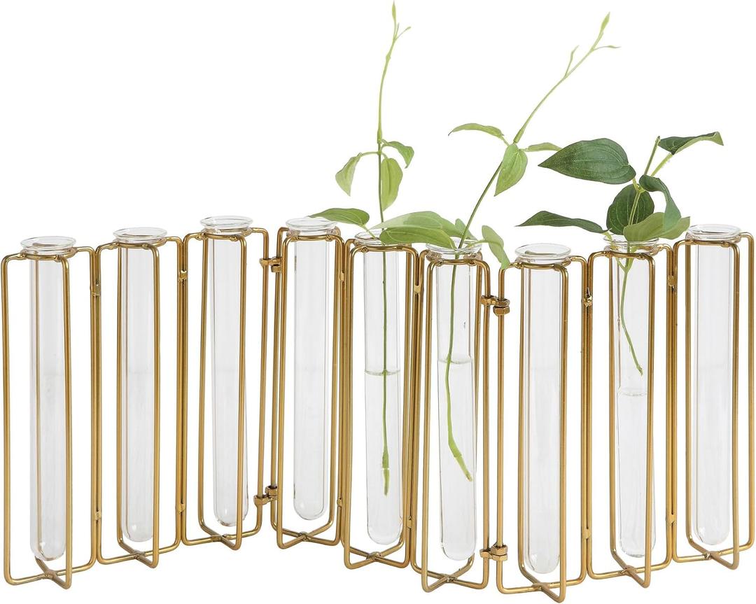 Creative Co-Op 9 Test Tube Vases in a Single Gold Metal Stand