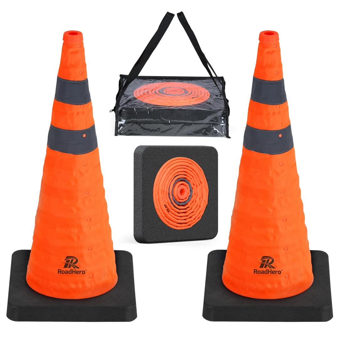 RoadHero 28 Inch Collapsible Traffic Safety Cones with Black Weighted Base, Construction Orange Cones with Reflective Collars for Road Safety, Driving Training, Parking Lots, 2 Pack