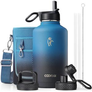Half Gallon Water Bottle Insulated with Straw & 3 Lids, Coolflask 64 oz Water Jug Large Metal Stainless Steel Wide Mouth for Sports, Gym or Office, Non-BPA Keep Cold 48H Hot 24H, Samurai Cyan