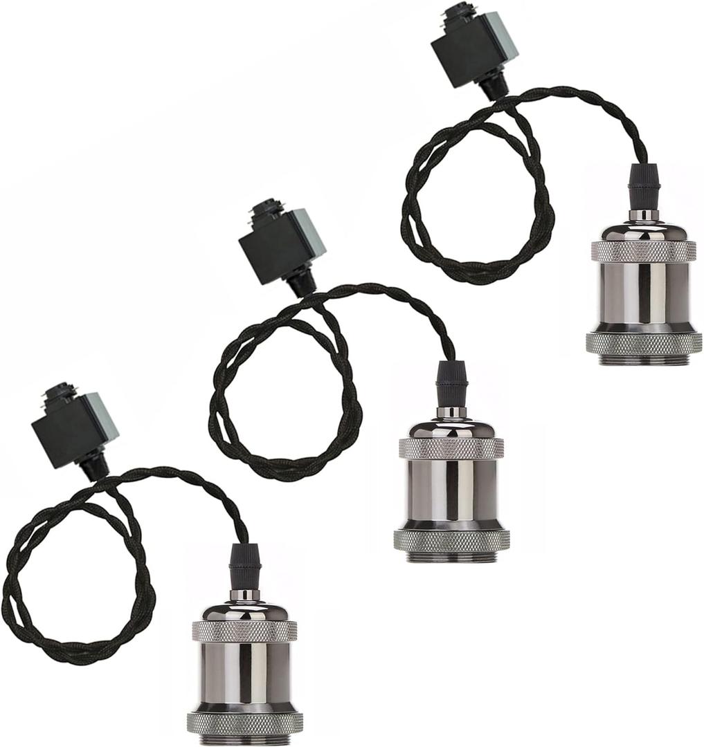 H-Type Track Pendant Light Black Rope Cord Oil Rubbed Black Socket Retro Style Decoration Industrial Factory Track Light 19.2in Length Sloped Ceiling Compatible Customizable for DIY (1.6 ft wire)