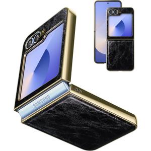 for Samsung Galaxy Z Flip 6 5G Case [PU Leather+Golden Hard PC Shell] Ultra Slim Lightweight, Stylish Durable Full Protective, Support Wireless Charging Cover for Samsung Galaxy Z Flip 6, Black