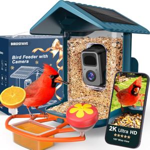 Bird Feeder with Camera Solar Powered, 2K Live Auto Capture Videos Pictures Smart Camera Bird Feeder with 32GB Card Add-ons, Arrival Alerts AI Identify, Gift for Birdlover Mom Dad, 2.4G WiFi (Blue)