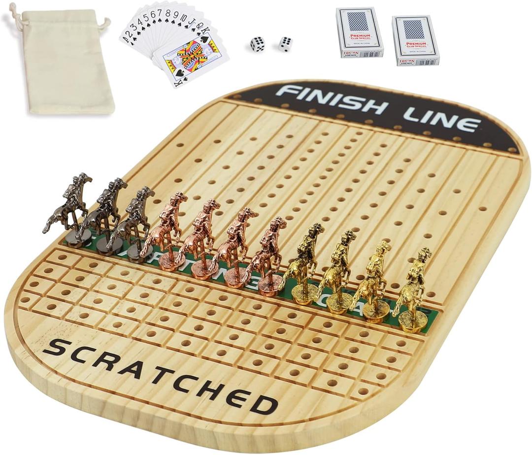 Horse Race Board Game Racing Game Thickened Solid Wood with 11 Luxurious Durable Classic Metal Horses with 4 Dice and 2 Boxes of Cards Horse Racing Game (Log Color, Oval)