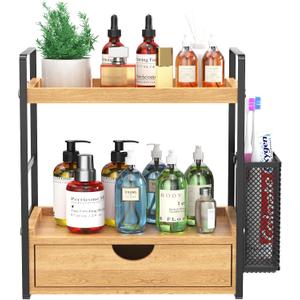 LEMIKKLE Bathroom Counter Organizer with Basket, Bathroom Organizers and Storage,Skincare Organizers for Vanity,Storage Organizers for Bathroom, Kitchen, Dresser (Light Brown with Drawer)