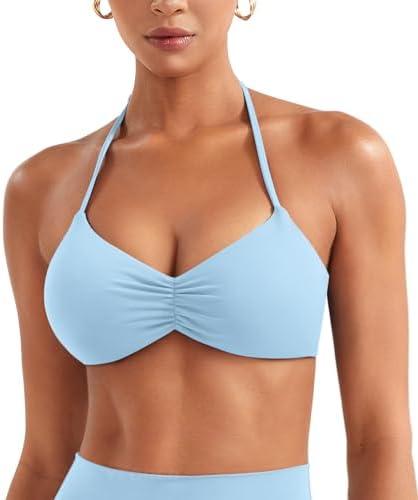 YEOREO Halter Sports Bras for Women Adjustable Strappy Open Back Impact Removable Pads Deep V Bra Workout Gym Yoga Crop Top, Blue, M