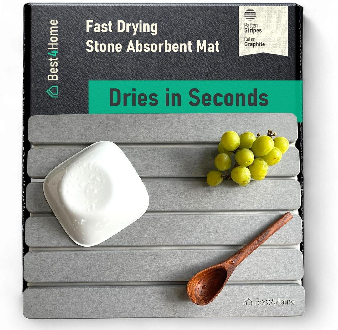 BEST4HOME Stone Drying Mat for Kitchen Counter - Grey 12x16In Dish Drying Mat - Foldable Diatomite Stone Dish Rack - Absorbent Diatomaceous Earth Non-Slip Tray for Bathroom