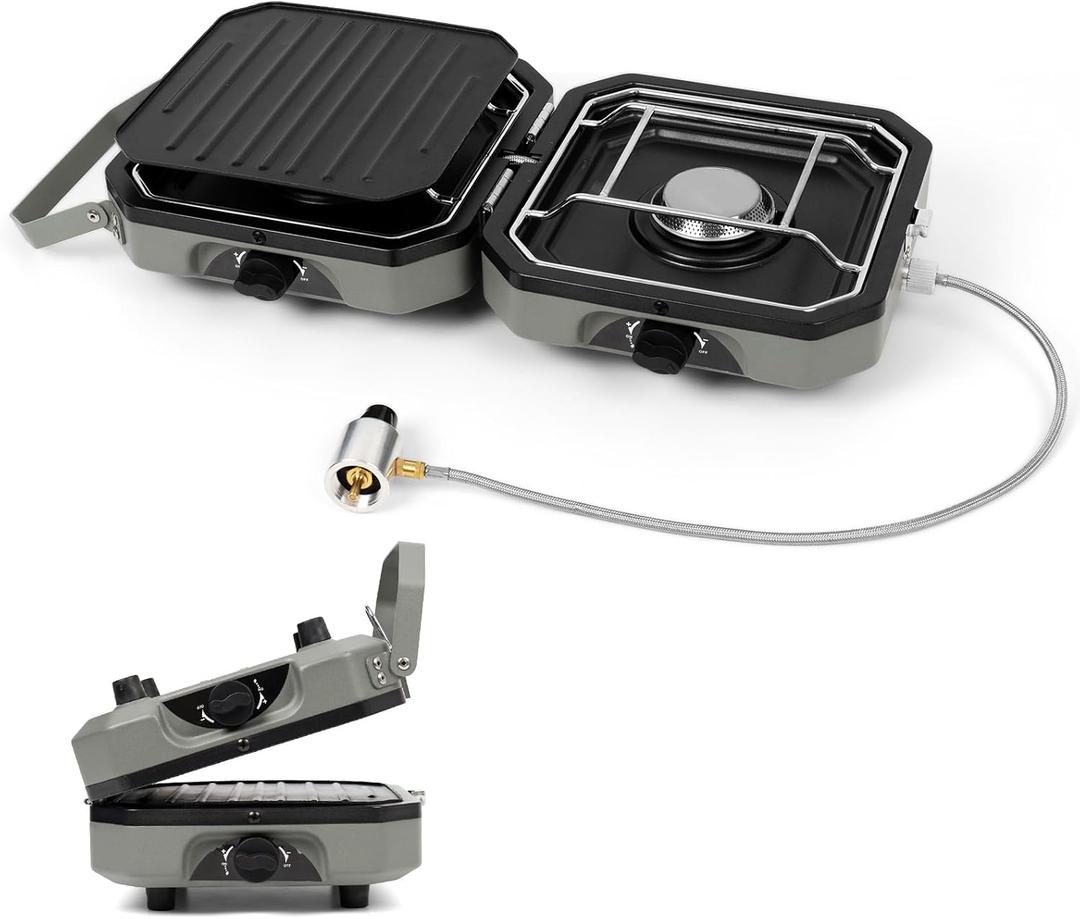 2 Burner Portable Camping Stove with Griddle 17200 BTU Folding Camp Gas Stove Camping Adjustable Burners Piezo Ignition