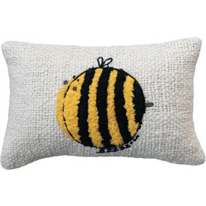 Creative Co-Op Woven Cotton Lumbar Pillow with Embroidered Bee Design, White and Yellow