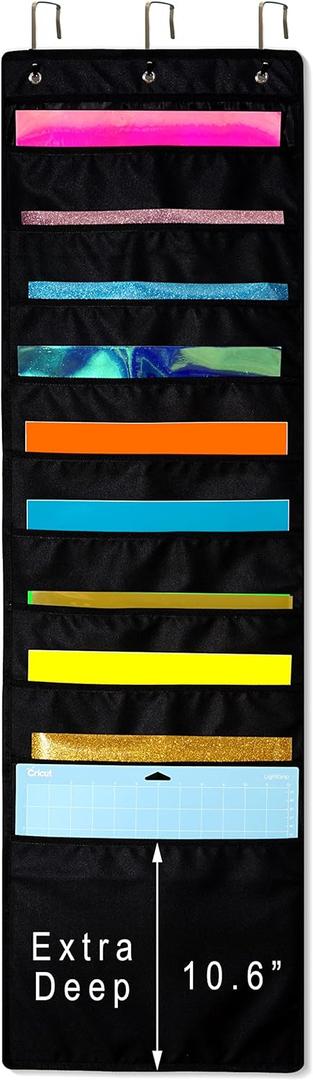Hanging Organizer, 12x12 Paper Storage, Deep Pocket Vinyl Holder, for Cardstock, Scrapbook, Craft Paper, 3 Door Hooks Included