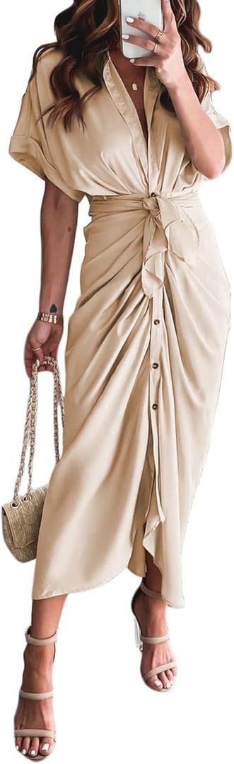 Women Elegant Satin Button Down Short Sleeve Maxi Shirt Dress with Belt (Beige)