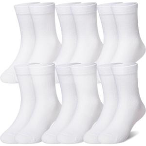 Eocom Girls Socks Little Kids Crew Socks Cotton Cute Youth Dress Socks 6 Pairs, White 3-5T