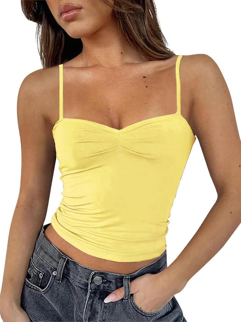 ForeFair Women Y2K Sweetheart Neck Sleeveless Crop Tank Tops Backless Spaghetti Strap Pleated Bustier Camis Going Out Top (Yellow, L)