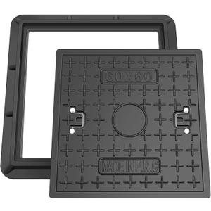 24 x 24 Inches Frp Solid Square Septic Tank Lid and Base with Handles Manhole Cover Clear Opening for Yard Lawn Garden Pavement, Black