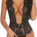 Avidlove Women One Piece Lingerie Lace Bodysuit Deep V Teddy Mini Babydoll (Small, 1-black)