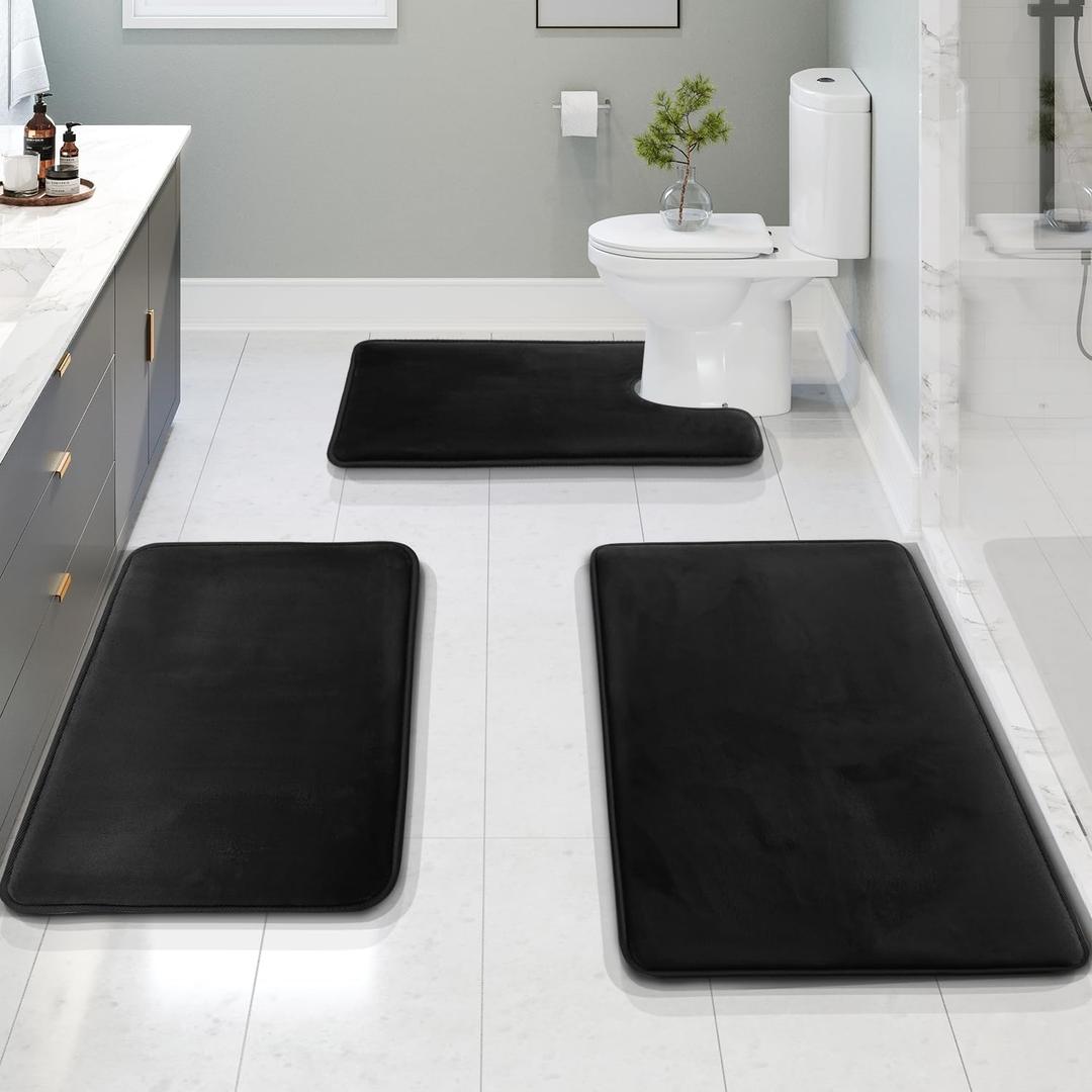 Clara Clark 3 Piece Bathroom Rugs Bath Mat Set, Velvet Memory Foam Bath Mats for Bathroom - Non-Slip, PVC Backing Bath Rugs, Washable - Dries Quickly, Black
