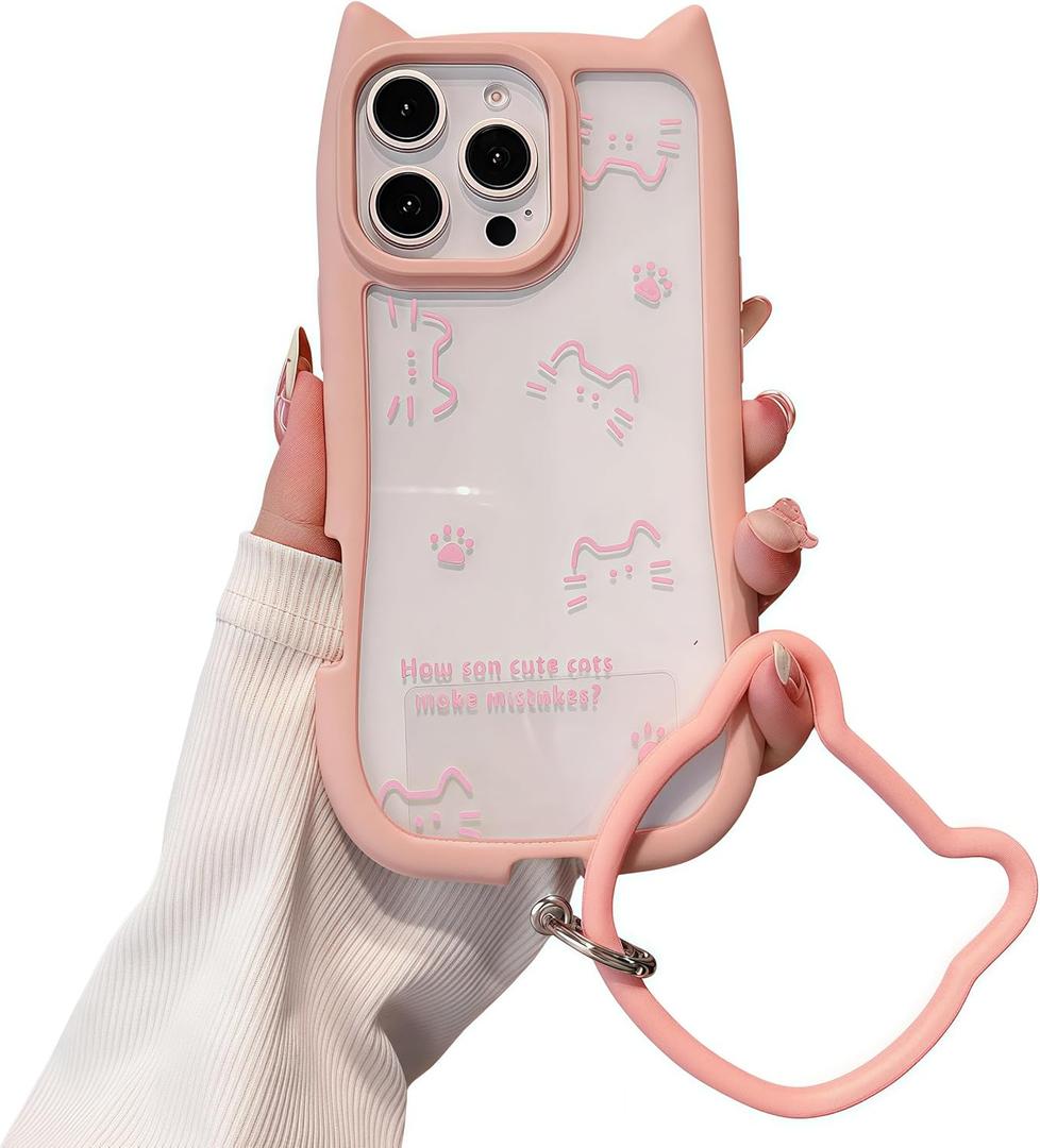 for iPhone 16 Pro Case, [Pink Cute Cat Ears] [2-in-1 with Kitty Bracelet] Stylish Print, Soft TPU Shockproof, Gift for Women and Girls