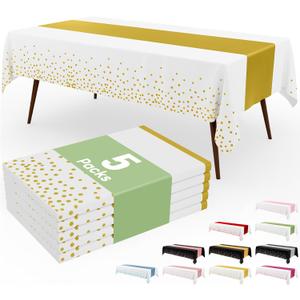 Smiry Plastic Table Cloth Disposable 5 Pack, 54 x 108 Inch Rectangle Waterproof Tablecloth, Printed Gold Table Runner Style for Birthday Weeding, Party Decorations, Leakproof & Sturdy, White and Gold