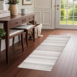 Washable Runner Rug 17"x47" Boho Rug Hallway Runner Rug Grey and Pink Non Slip Faux Wool Carpet Runner for Kitchen,Entryway,Bedroom,Indoor,Laundry