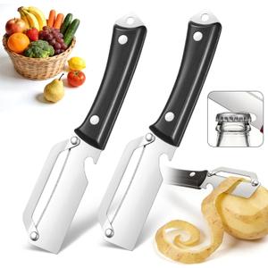 2 x 3-in-1 Stainless Steel Vegetable Peeler & Julienne Cutter with Bottle Opener - Multifunctional Kitchen Gadget for Fruits, Veggies, Camping & Daily Home Cooking(2-Pack) black