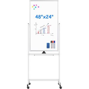 Magnetic Mobile White Board, 48 x 24 Double Sided Dry Erase Board Rolling Whiteboard Aluminum Frame Standing Whiteboard on Wheels