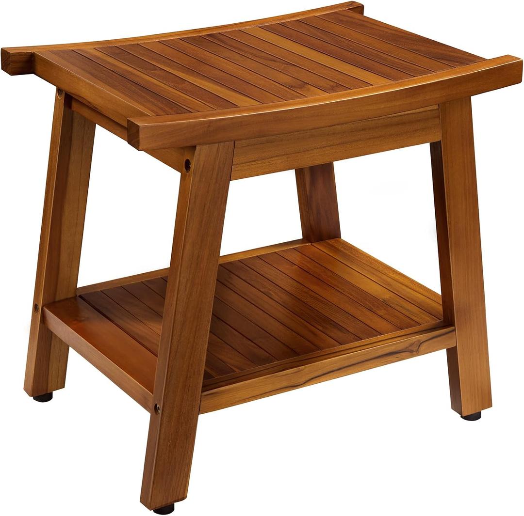 TEAKMAMA 21 Inch Teak Shower Bench with Storage Shelf and Handles, Teak Wood Shower Stool Waterproof Bath Chair for Indoor and Outdoor Use, Bathroom Stools for Adults Sitting