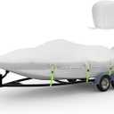 Waterproof Bass Boat Cover 23-25 ft with Motor Cover, 1200D Heavy Duty Bass Boat Covers 23-25 ft, PU Marine Grade Polyester, Fits Bass, V-Hull, Runabout, Jon, Fishing, Ski, Beam Width 124 inch (Gray-Green)
