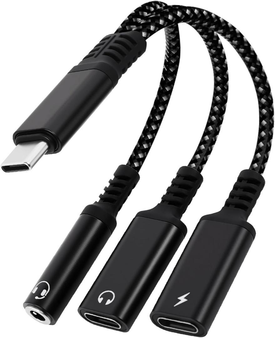 1 in 3 USB C to Type-C Charging and Type-C Headphones Plus 3.5mm Headphones PD 60W Charging Adapter, Compatible with GalaxyS22, iPad Pro, Pixel, iPhone 16 15, etc.Black