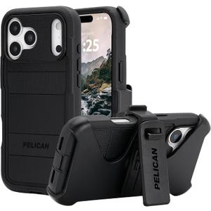 Pelican Voyager iPhone 17 Pro Max Case [Compatible with MagSafe] Rugged Phone Case w/ 24ft Military-Grade Drop Protection - Heavy Duty Phone Cover w/Belt Clip Holster for iPhone 17 Pro Max - Black
