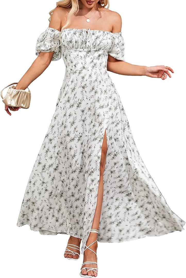 KUTUMAI Women Summer Puff Sleeve Off Shoulder Floral Flowy Long Maxi Dress (XL)