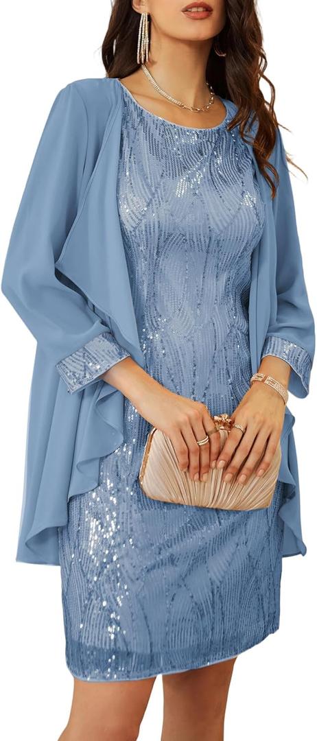 GRACE KARIN Women's Sequin Dress Wedding Guest Dresses Mother of the Bride Dresses Formal Dress Two Piece Dress Knee Length (Blue, M)