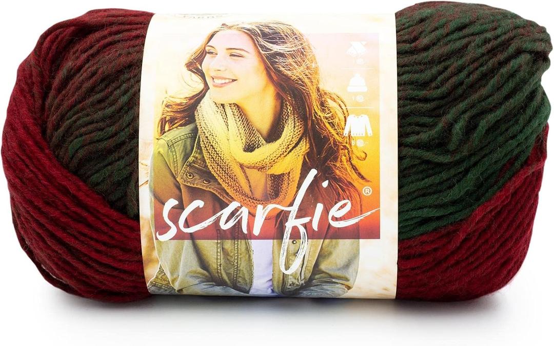 Lion Brand Yarn Scarfie Yarn for Knitting and Crocheting, Deep Red/Dark Green