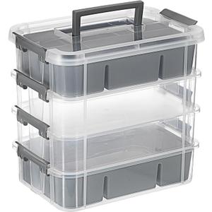 JUXYES 4-Tiers Stack Carry Storage Box With 2 Divided Tray, Transparent Stackable Storage Bin With Handle Lid Latching Storage Container for School & Office Supplies, Gray