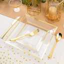 Goodluck 352 Pieces Clear Gold Dinnerware Set for 50 Guests, Clear Square Plastic Plates with Gold Trim, Include: 100 Gold Plastic Plates, 50 Rolled Napkins, 50 Cups, 50 Cutlery Set and 2 Tablecloth