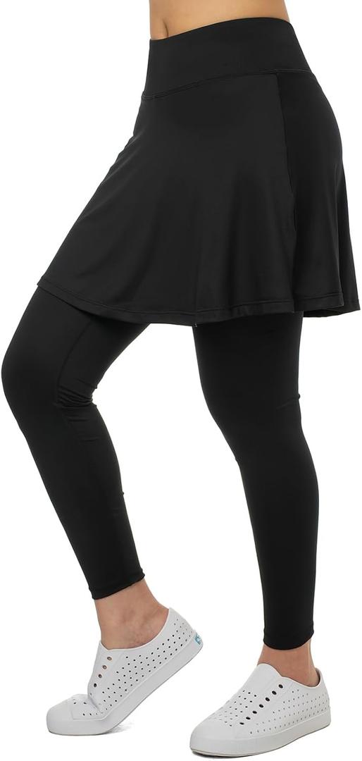 Xioker Women Skirted Leggings with Pockets, Tennis Skorts Skirts with Leggings Yoga Skorts Capris(Black Full Length XL)