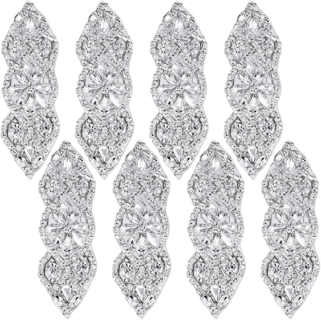 8 Pieces Rhinestone Applique Iron On Patch Rhinestone Hot Fix Wedding Appliques for Bridal Wedding Dress Sash Crystal Belt DIY Sewing Crystals Patch for Shoes(Silver)