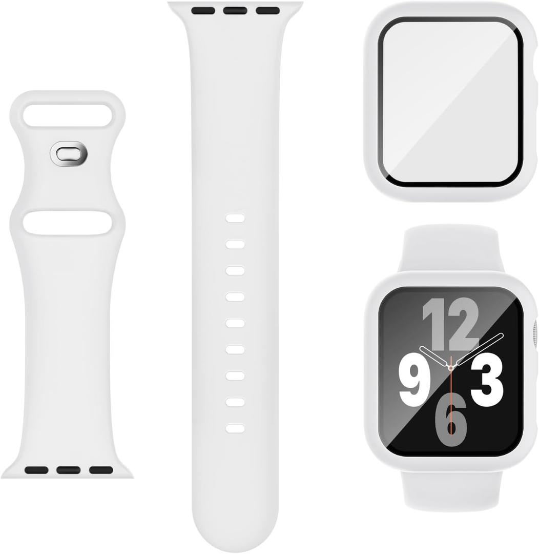 Adorique 3-in-1 Compatible for Apple Watch Band 40mm 41mm 42mm 44mm 45mm 46mm, Soft Silicone Sport Strap for iWatch Series SE 10 9 8 7 6 5 4 3 (White)