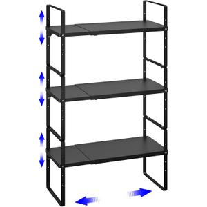 Expandable Cabinet Shelf Organizer, Stackable Kitchen Pantry Counter Storage, Adjustable Closet Cupboard Stand Rack Risers Spice Organization 80LBS Heavy Duty Black Small 3 Pack