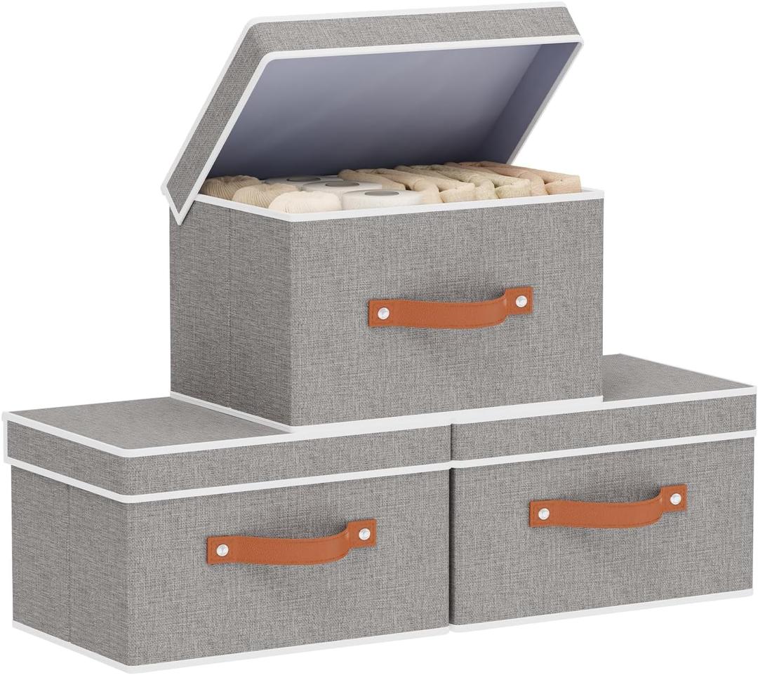 Fabric Storage Bins with Lids, Linen Foldable Clothes Boxes, Closet Organizer Containers with Double Handles, Baskets for Bedroom, Grey, 3 Pack, 13 x 9.1 x 7.9 Inch, Grey  Fabric Storage Bins with Lids, Linen Foldable Clothes Boxes, Closet Organizer Containers with Double Handles, Baskets for Bedroom, Grey, 3 Pack, 13 x 9.1 x 7.9 Inch, Grey